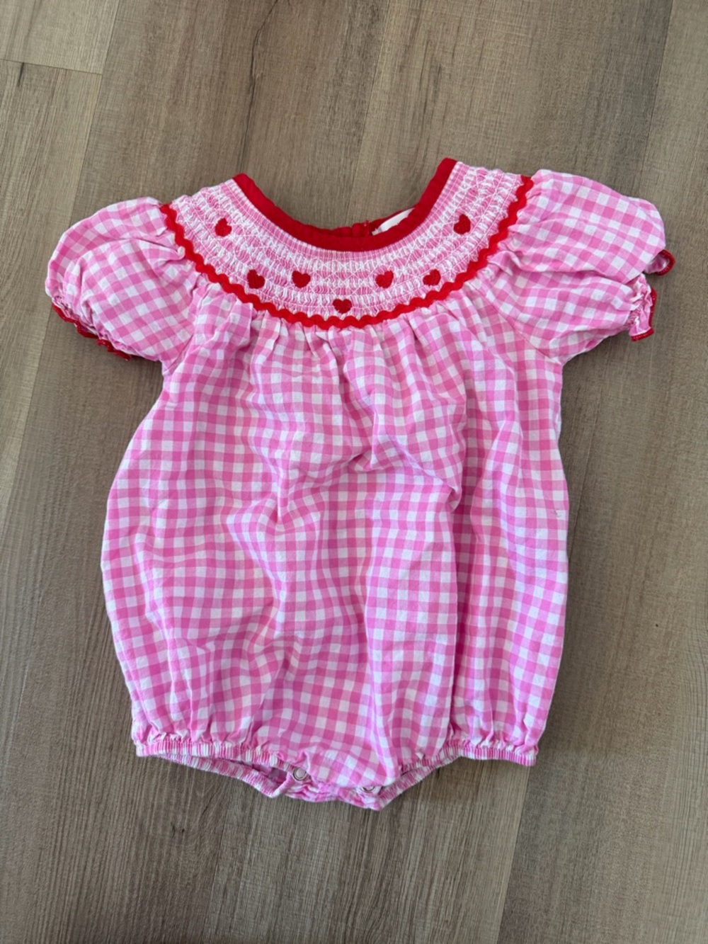 Three & Me Pink Gingham Baby Romper with Red Trim